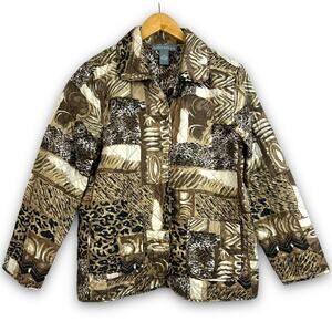 Jessica Holbrook 100% Silk Lightweight Quilted Jacket Brown Animal Print Small